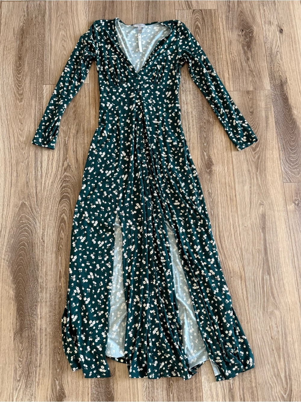 NWT Asos green ditsy floral maxi dress long sleeve faux button front double slit